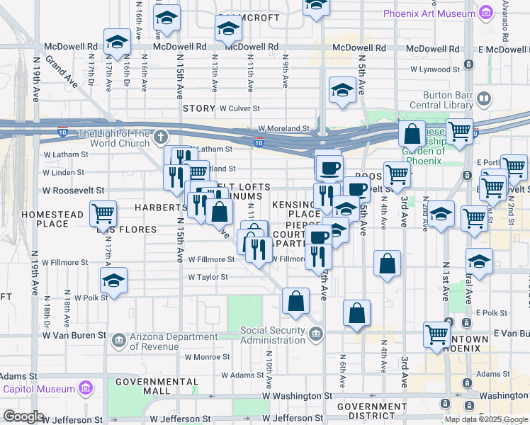 map of restaurants, bars, coffee shops, grocery stores, and more near 814 North 10th Avenue in Phoenix