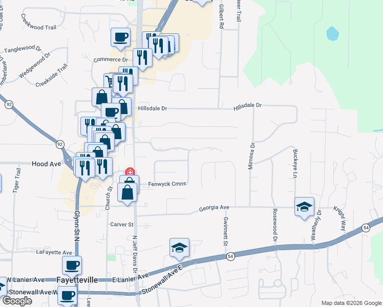 map of restaurants, bars, coffee shops, grocery stores, and more near 255 Carriage Chase in Fayetteville