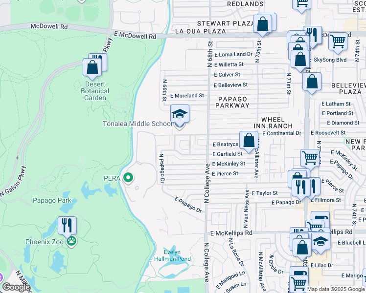 map of restaurants, bars, coffee shops, grocery stores, and more near 2712 North Forest Circle in Tempe