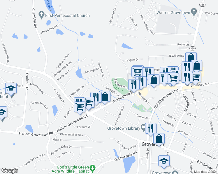 map of restaurants, bars, coffee shops, grocery stores, and more near 625 Goodale Lane in Grovetown
