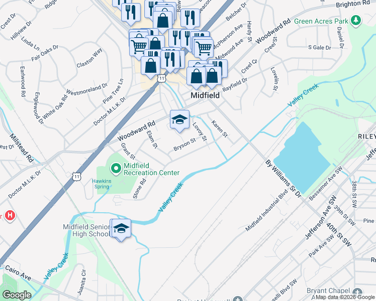 map of restaurants, bars, coffee shops, grocery stores, and more near 1628 Collier Drive in Midfield