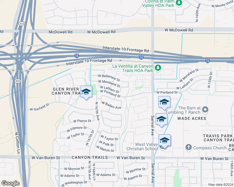 map of restaurants, bars, coffee shops, grocery stores, and more near 16561 West Latham Street in Goodyear