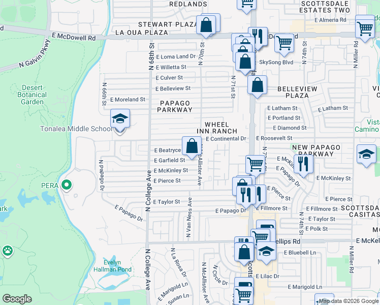map of restaurants, bars, coffee shops, grocery stores, and more near 439 East Beatryce Street in Tempe