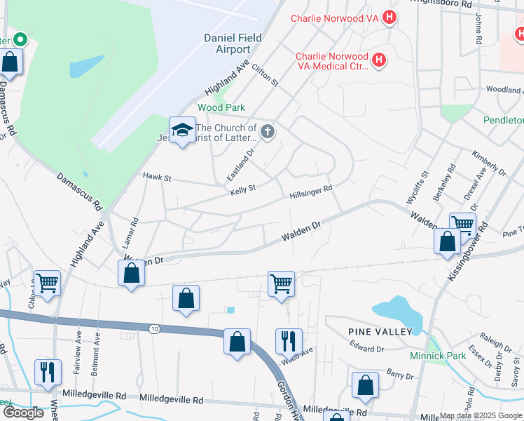 map of restaurants, bars, coffee shops, grocery stores, and more near 2132 Hillsinger Road in Augusta