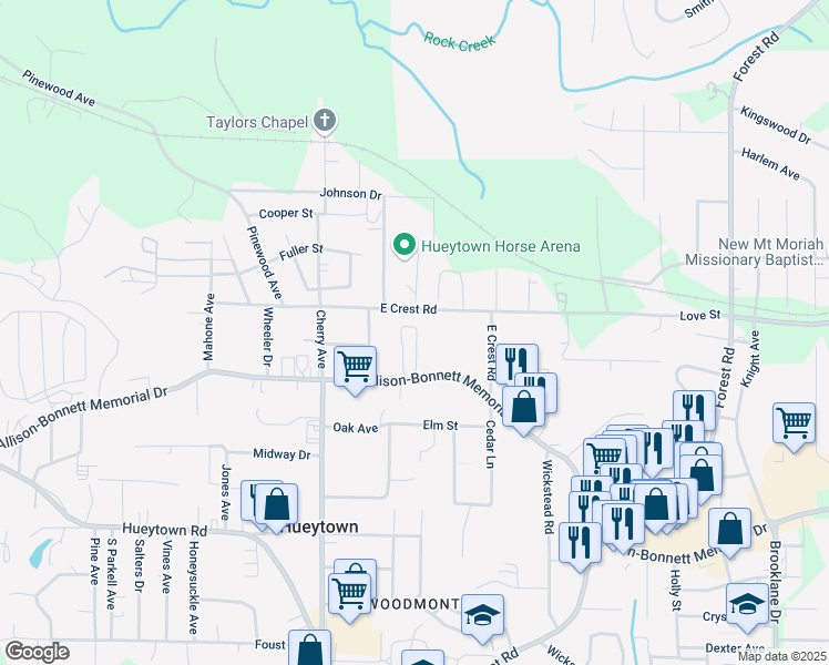 map of restaurants, bars, coffee shops, grocery stores, and more near 423 Autumn Brook Terrace in Hueytown