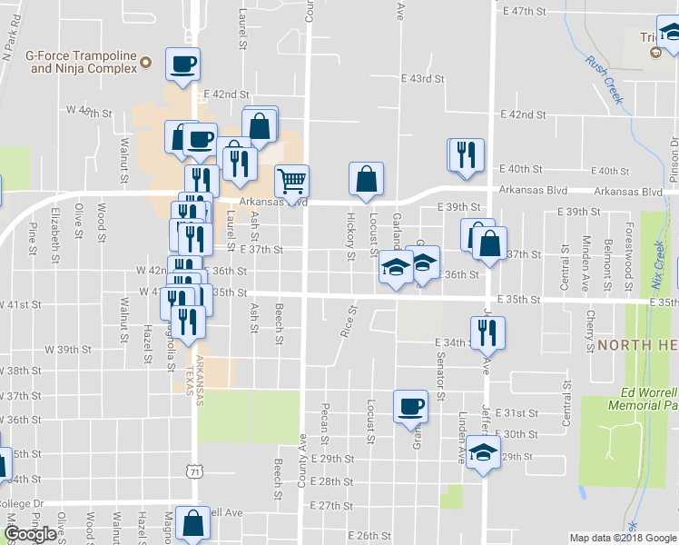 map of restaurants, bars, coffee shops, grocery stores, and more near 615 East 36th Street in Texarkana