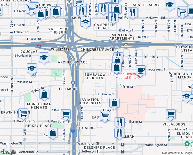 map of restaurants, bars, coffee shops, grocery stores, and more near 2221 East Garfield Street in Phoenix