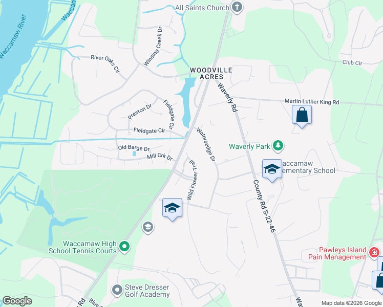 map of restaurants, bars, coffee shops, grocery stores, and more near 121 Wild Flower Trail in Pawleys Island