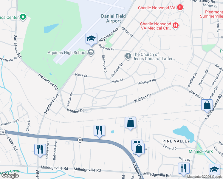 map of restaurants, bars, coffee shops, grocery stores, and more near 2139 Hillsinger Road in Augusta