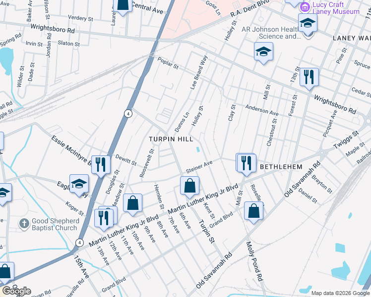 map of restaurants, bars, coffee shops, grocery stores, and more near 1321 Swanee Quintet Boulevard in Augusta
