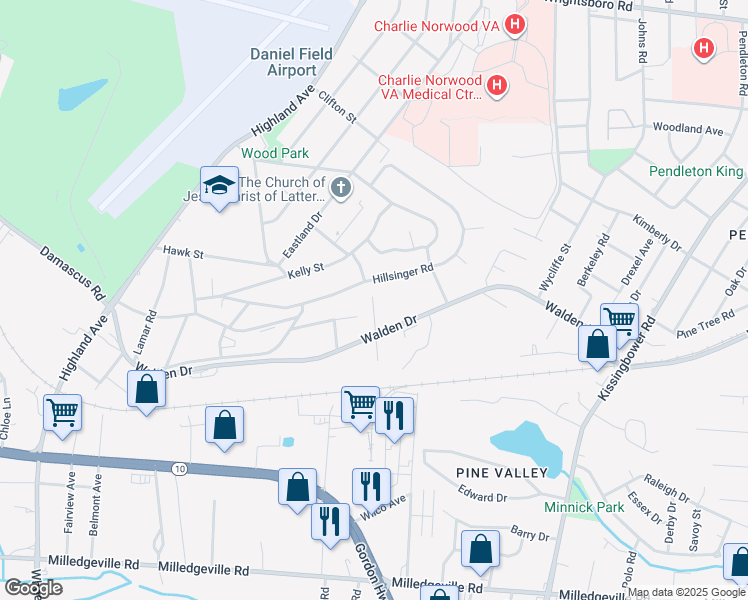 map of restaurants, bars, coffee shops, grocery stores, and more near 2311 Walden Drive in Augusta