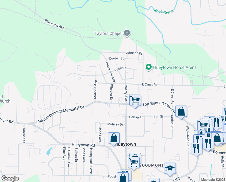 map of restaurants, bars, coffee shops, grocery stores, and more near 102 Wheeler Drive in Hueytown
