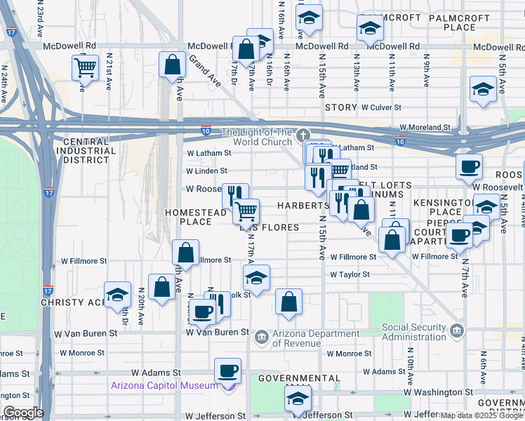 map of restaurants, bars, coffee shops, grocery stores, and more near 1633 West Garfield Street in Phoenix