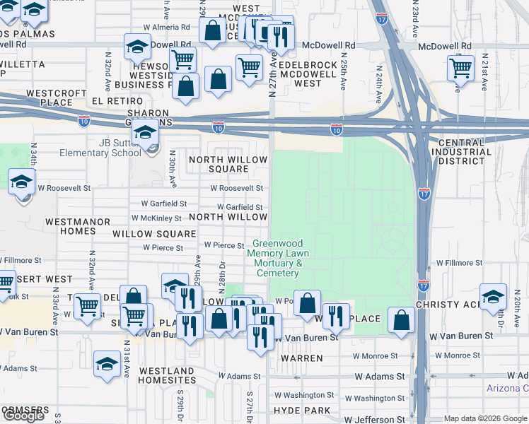 map of restaurants, bars, coffee shops, grocery stores, and more near 822 North 27th Avenue in Phoenix