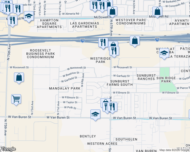 map of restaurants, bars, coffee shops, grocery stores, and more near 6802 West Garfield Street in Phoenix