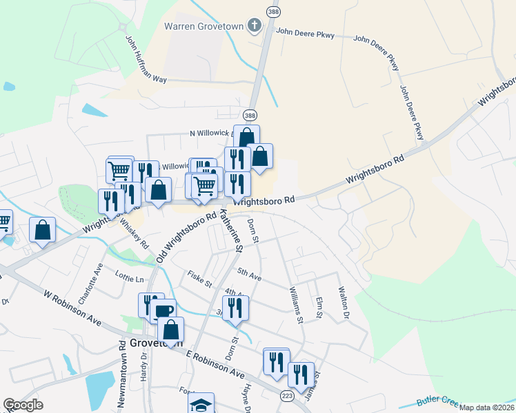 map of restaurants, bars, coffee shops, grocery stores, and more near 5030 Wrightsboro Road in Grovetown