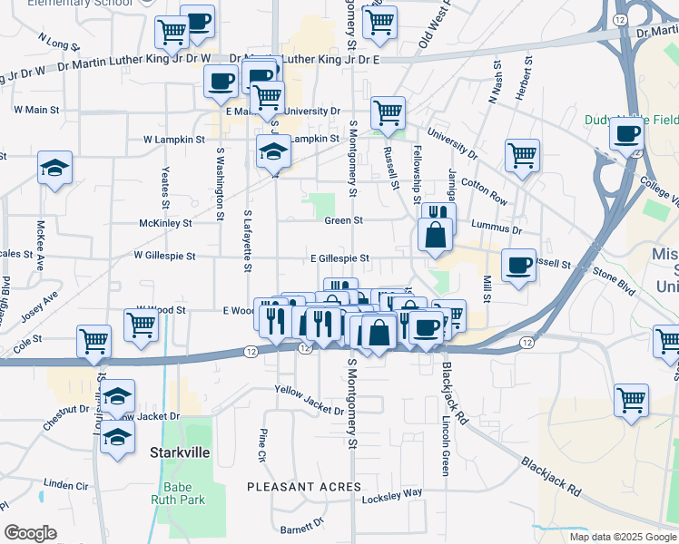 map of restaurants, bars, coffee shops, grocery stores, and more near 400 East Gillespie Street in Starkville