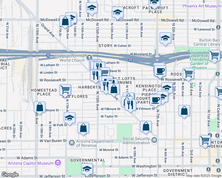 map of restaurants, bars, coffee shops, grocery stores, and more near 1308 Northwest Grand Avenue in Phoenix