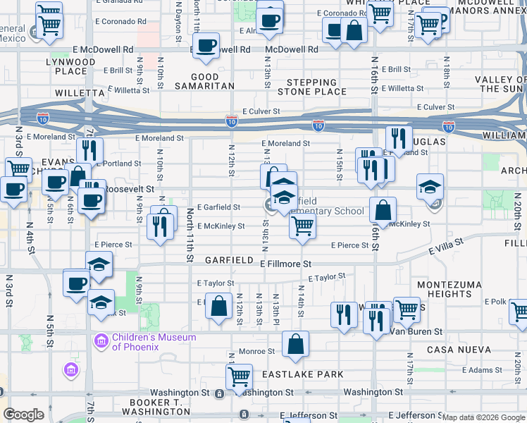 map of restaurants, bars, coffee shops, grocery stores, and more near 1245 East Garfield Street in Phoenix