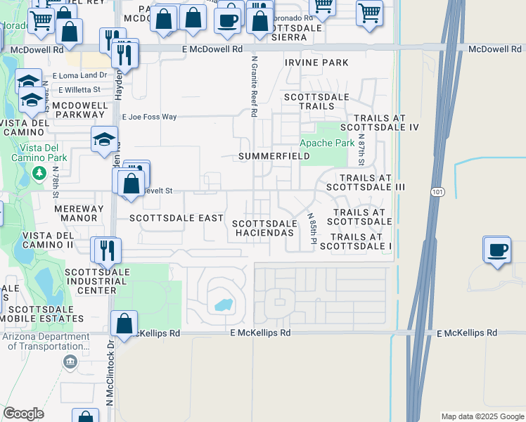 map of restaurants, bars, coffee shops, grocery stores, and more near 985 North Granite Reef Road in Scottsdale