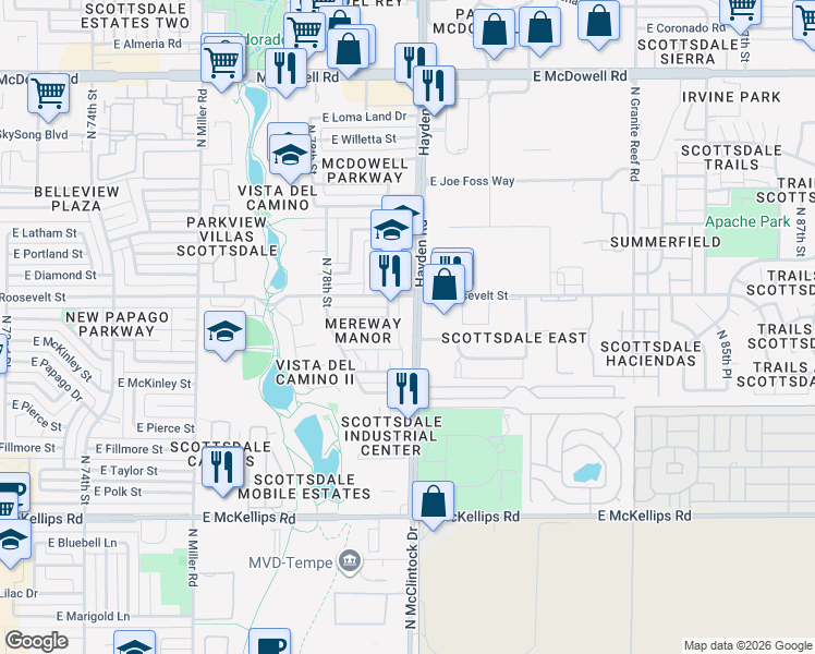map of restaurants, bars, coffee shops, grocery stores, and more near 909 North Hayden Road in Scottsdale