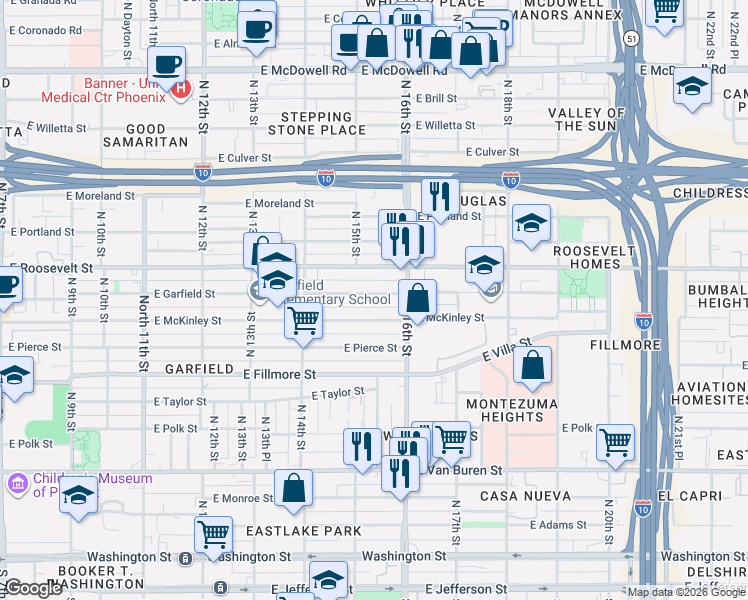 map of restaurants, bars, coffee shops, grocery stores, and more near 1533 East Garfield Street in Phoenix