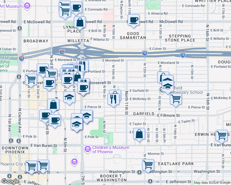 map of restaurants, bars, coffee shops, grocery stores, and more near 1001 East Garfield Street in Phoenix