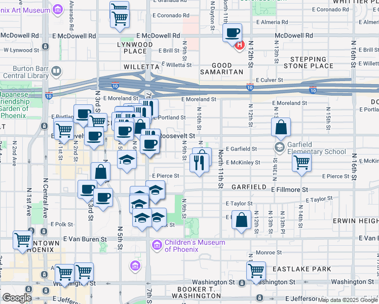 map of restaurants, bars, coffee shops, grocery stores, and more near 829 North 9th Street in Phoenix