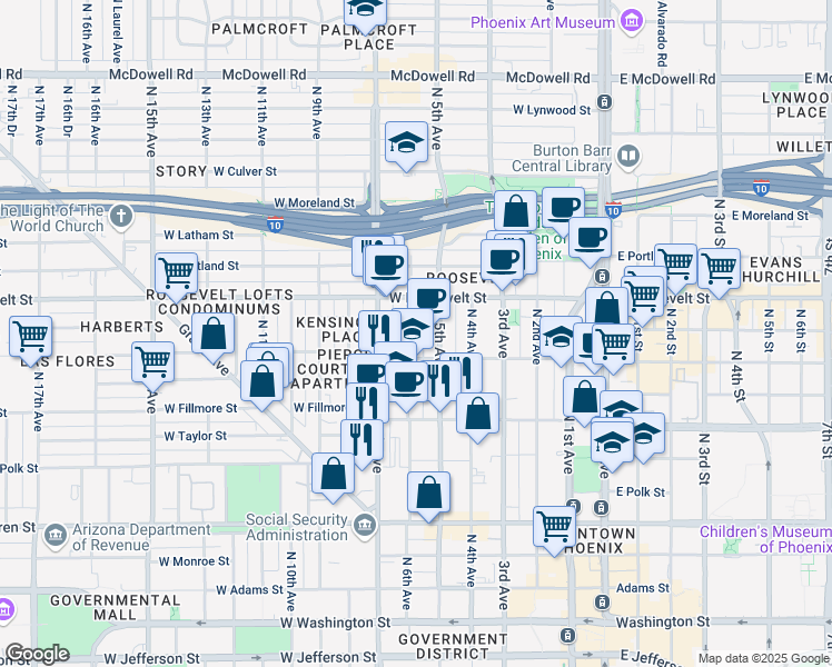 map of restaurants, bars, coffee shops, grocery stores, and more near 822 North 6th Avenue in Phoenix
