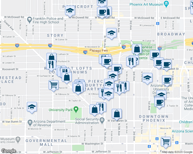 map of restaurants, bars, coffee shops, grocery stores, and more near 813 North 9th Avenue in Phoenix