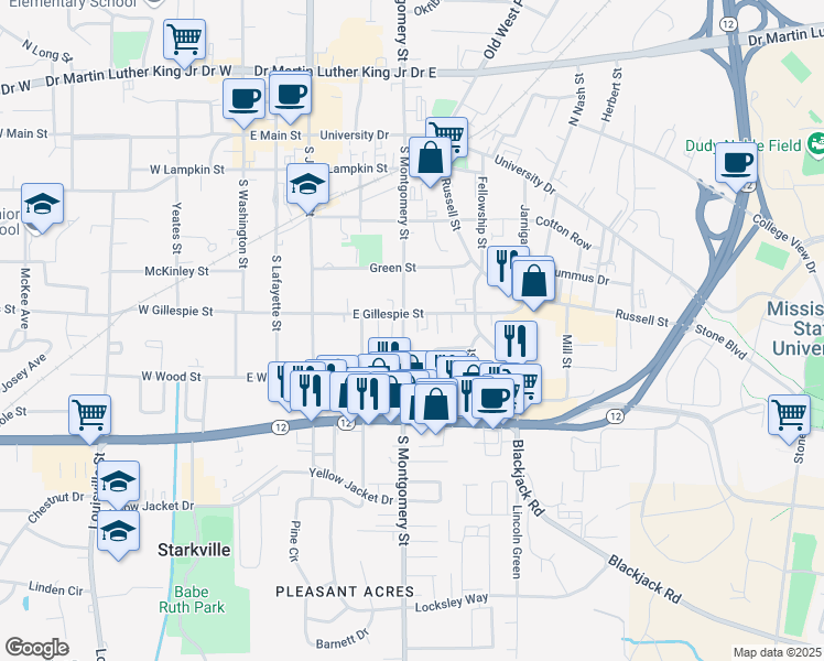 map of restaurants, bars, coffee shops, grocery stores, and more near 512 South Montgomery Street in Starkville
