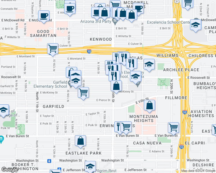 map of restaurants, bars, coffee shops, grocery stores, and more near 1533 East Garfield Street in Phoenix