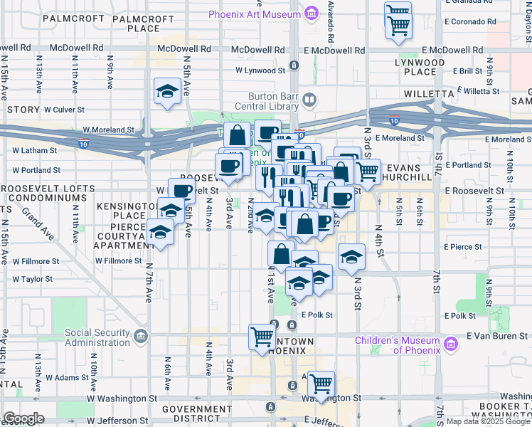 map of restaurants, bars, coffee shops, grocery stores, and more near 822 North 1st Avenue in Phoenix