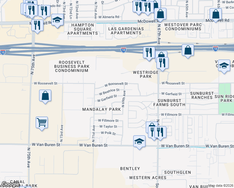 map of restaurants, bars, coffee shops, grocery stores, and more near 6922 West Garfield Street in Phoenix