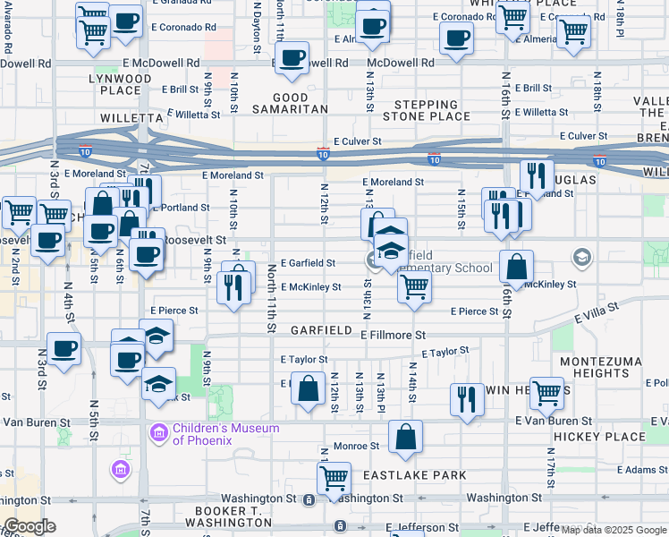 map of restaurants, bars, coffee shops, grocery stores, and more near 1209 East Garfield Street in Phoenix