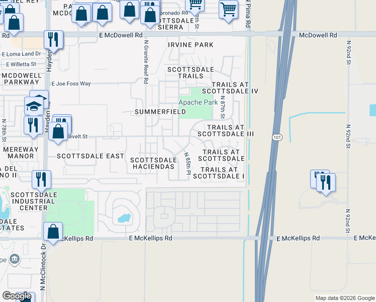 map of restaurants, bars, coffee shops, grocery stores, and more near 937 North 85th Place in Scottsdale