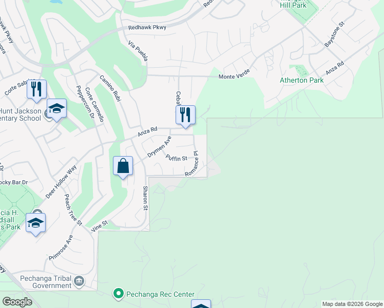 map of restaurants, bars, coffee shops, grocery stores, and more near 33224 Puffin Street in Temecula