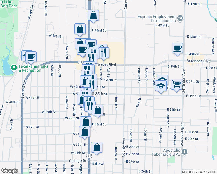 map of restaurants, bars, coffee shops, grocery stores, and more near 300 East 36th Street in Texarkana