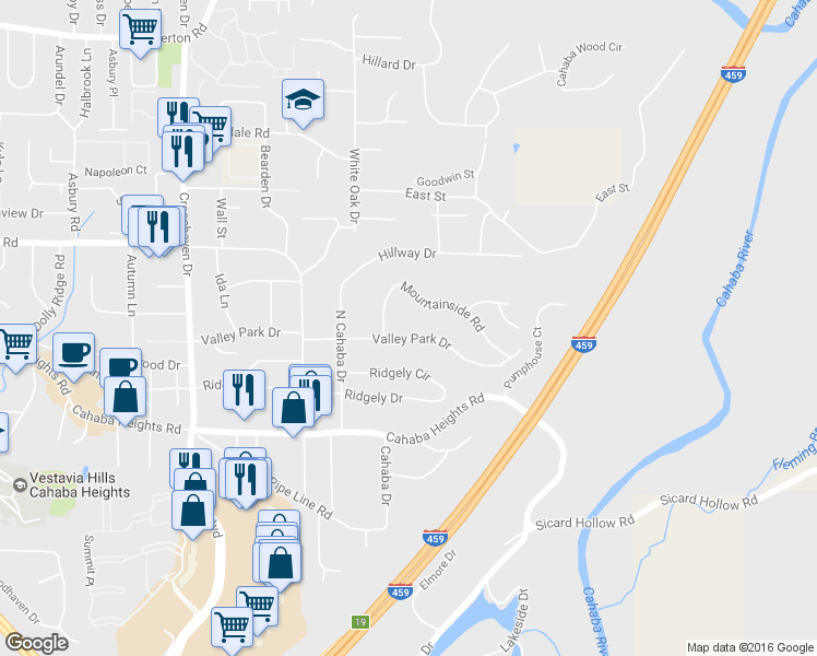 map of restaurants, bars, coffee shops, grocery stores, and more near 3328 Valley Park Dr in Vestavia Hills