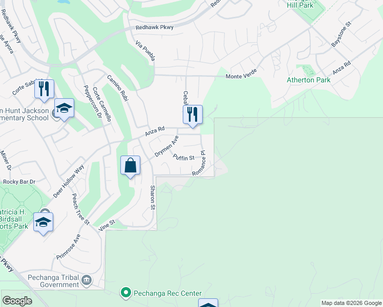 map of restaurants, bars, coffee shops, grocery stores, and more near 33224 Puffin Street in Temecula
