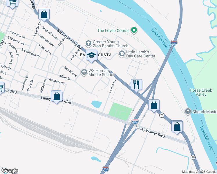 map of restaurants, bars, coffee shops, grocery stores, and more near 244 Sapelo Circle in Augusta
