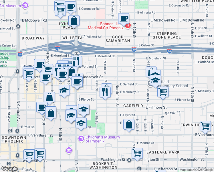map of restaurants, bars, coffee shops, grocery stores, and more near 1001 East Garfield Street in Phoenix
