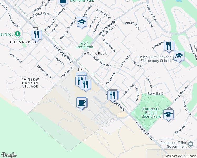 map of restaurants, bars, coffee shops, grocery stores, and more near 46195 Timbermine Lane in Temecula