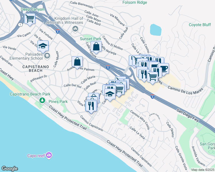 map of restaurants, bars, coffee shops, grocery stores, and more near 27032 Calle Dolores in Dana Point