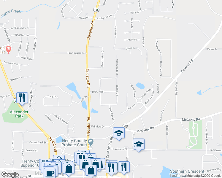 map of restaurants, bars, coffee shops, grocery stores, and more near 298 Rainer Road in McDonough
