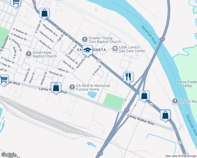 map of restaurants, bars, coffee shops, grocery stores, and more near 307 Sterling Street in Augusta
