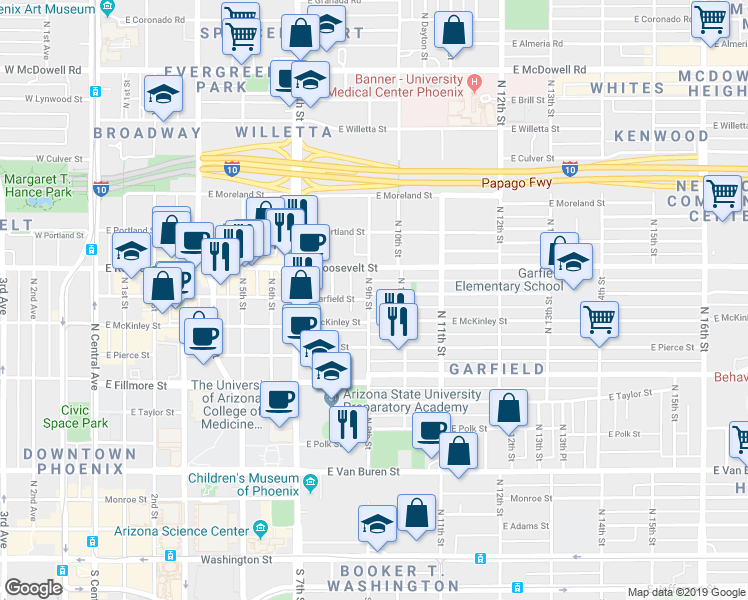 map of restaurants, bars, coffee shops, grocery stores, and more near 901 East Garfield Street in Phoenix