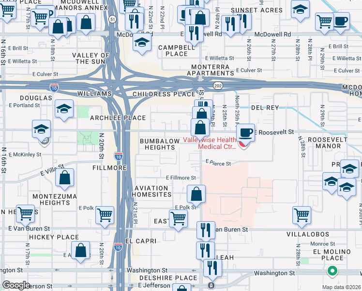 map of restaurants, bars, coffee shops, grocery stores, and more near 2309 East Garfield Street in Phoenix