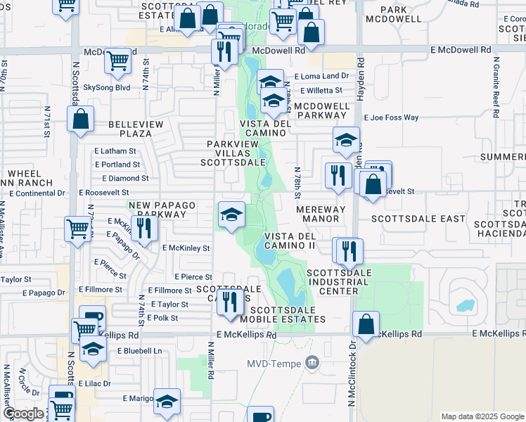 map of restaurants, bars, coffee shops, grocery stores, and more near 7699 East Roosevelt Street in Scottsdale