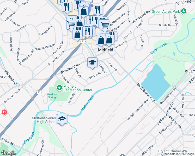 map of restaurants, bars, coffee shops, grocery stores, and more near 1624 Collier Dr in Birmingham